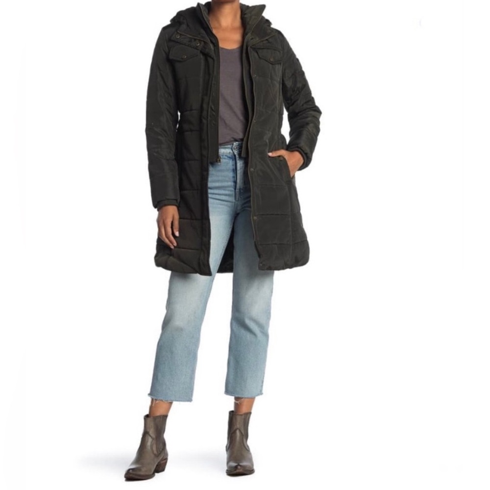Lucky Brand - women’s Missy Long hooded puffer jacket black Coat full zip up S